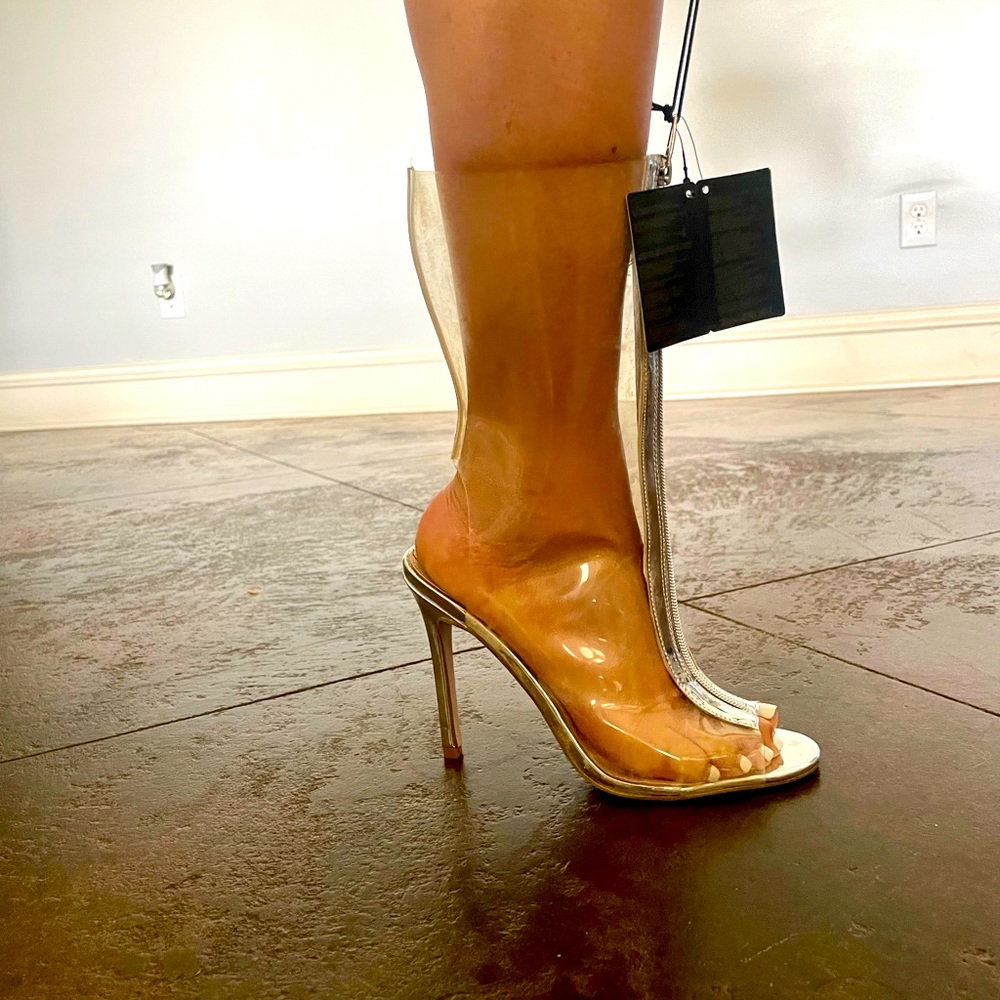 Transparent and silver zip up booties with heel